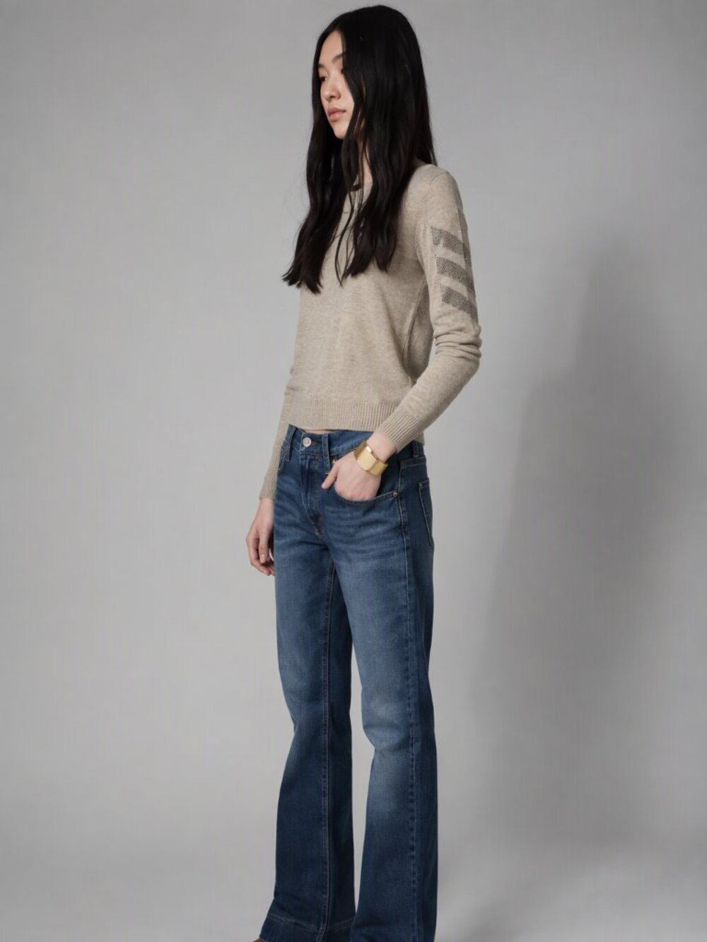 Zadig & Voltaire Miss Arrow Cashmere Sweater Beige Rhinestone Sleeve XS